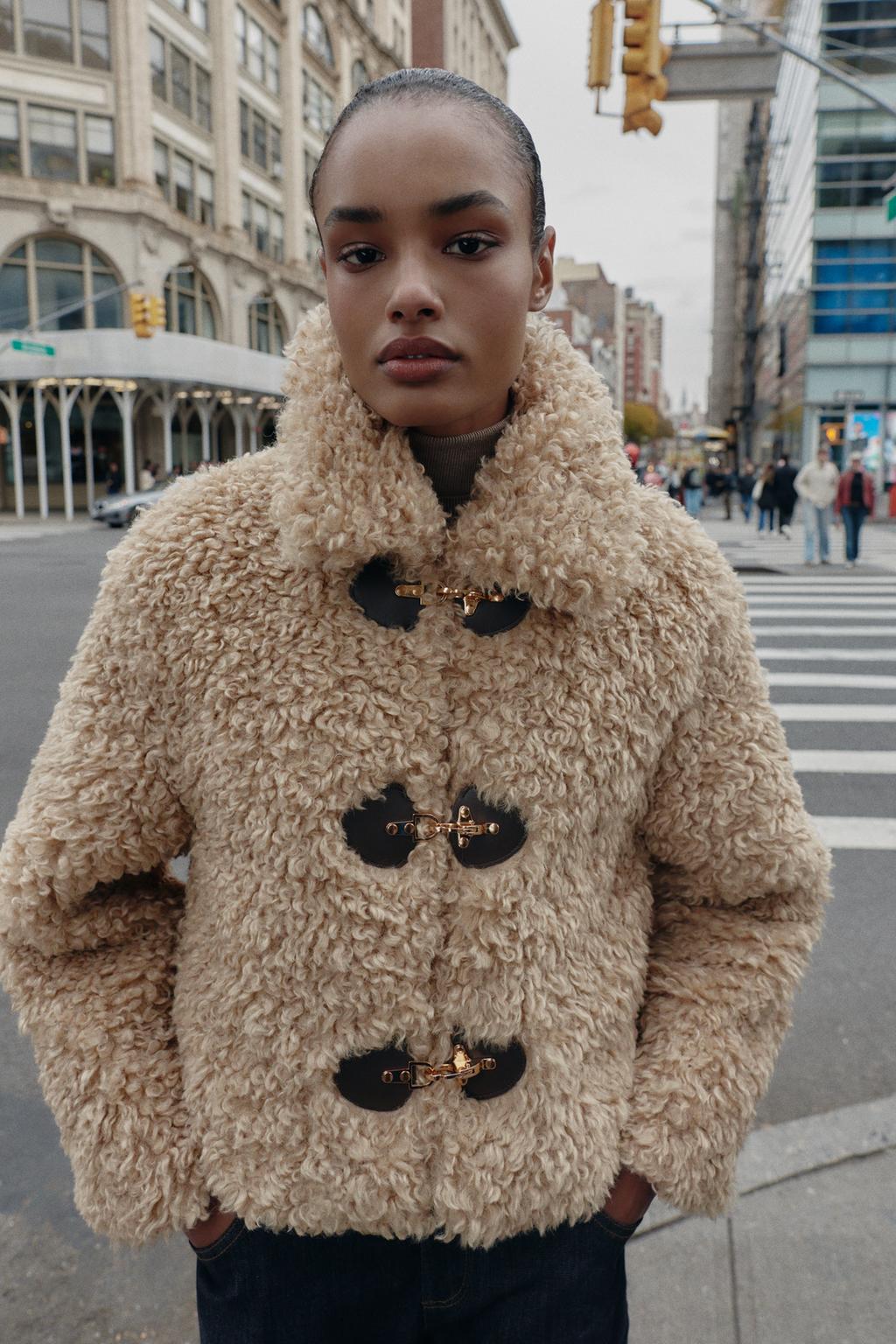 Zara FAUX FUR JACKET WITH FIREMAN CLASP