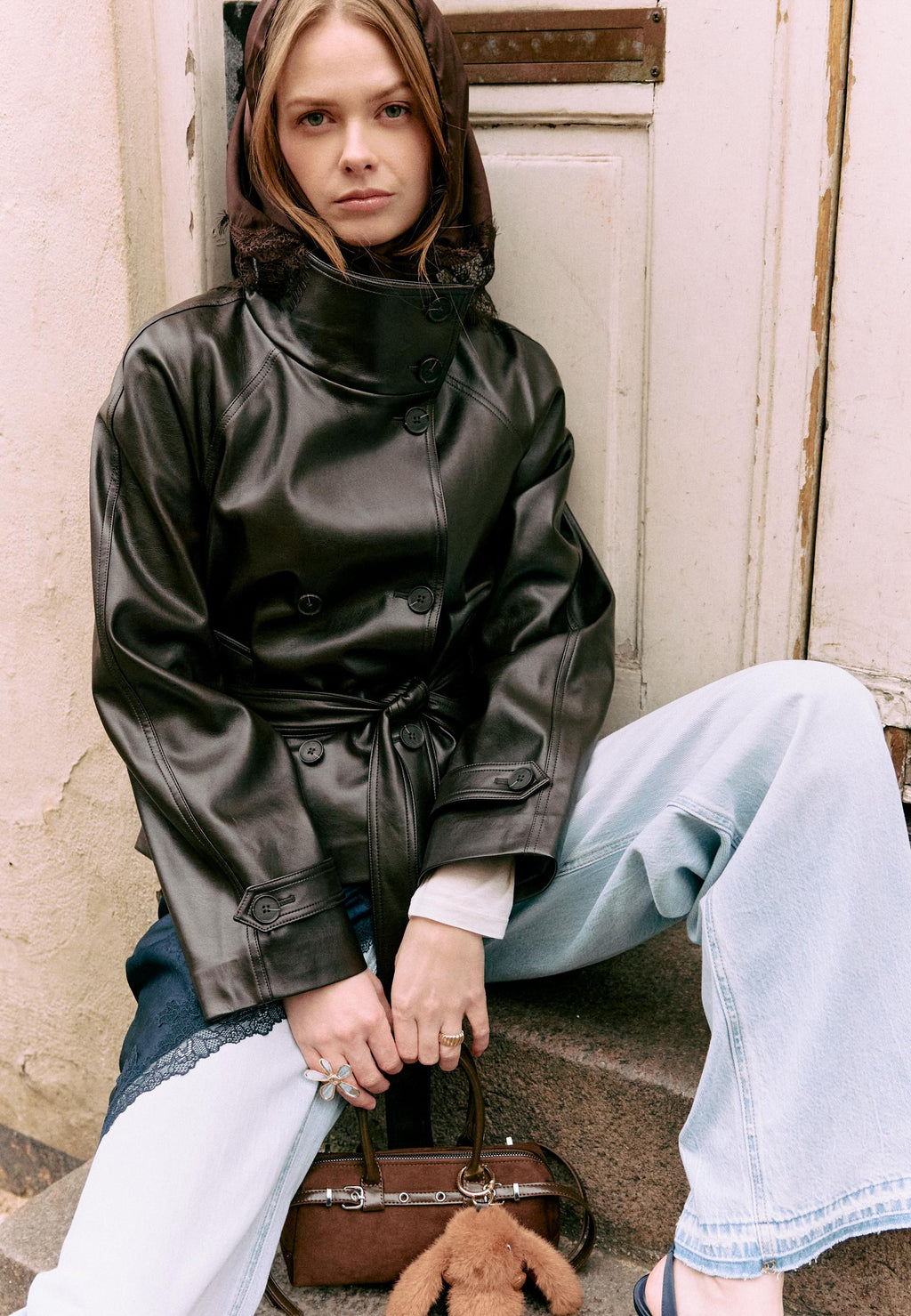 Stradivarius HIGH-NECK TRENCH COAT WITH LEATHER-EFFECT FINISH