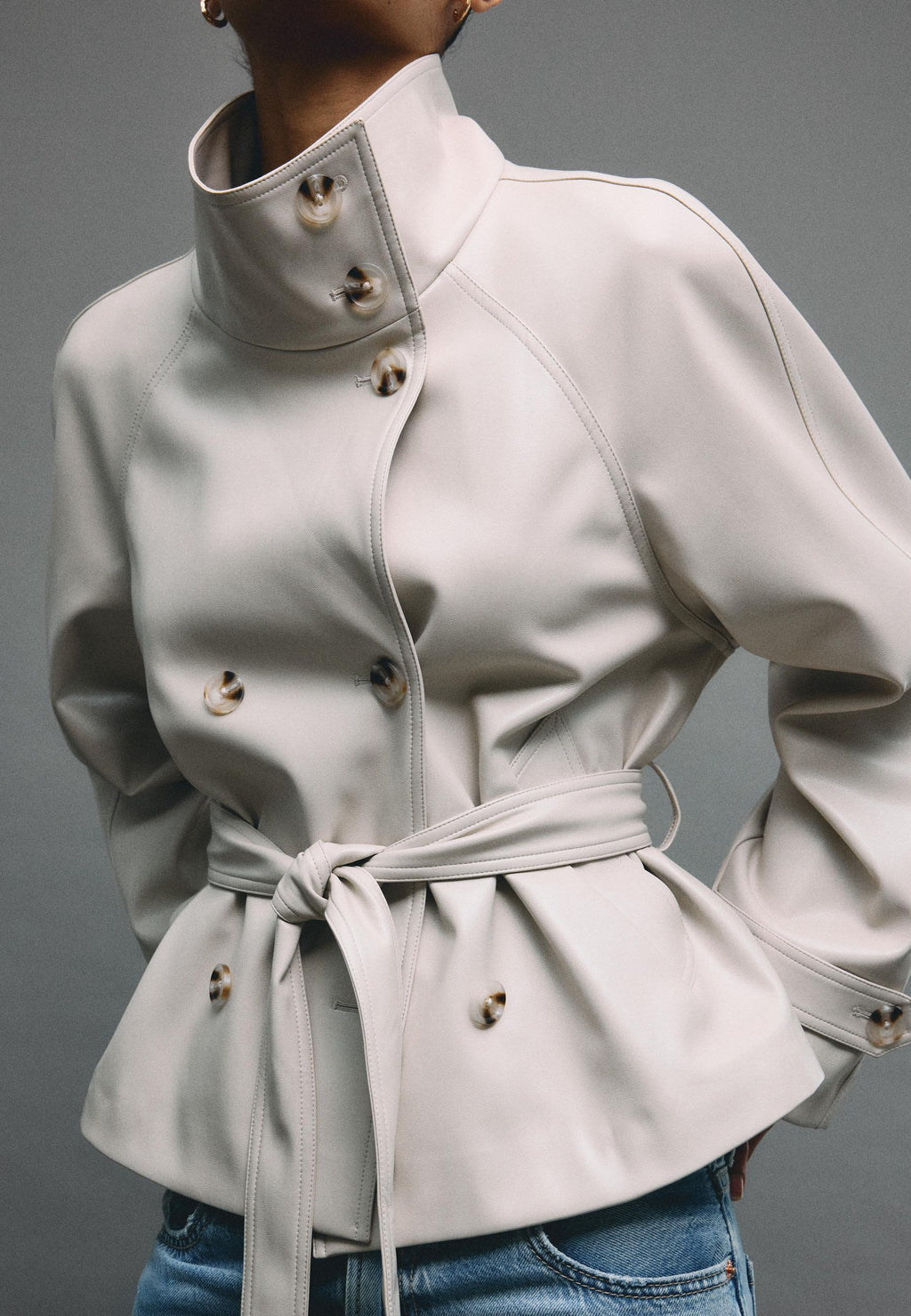 Stradivarius HIGH-NECK TRENCH COAT WITH LEATHER-EFFECT FINISH