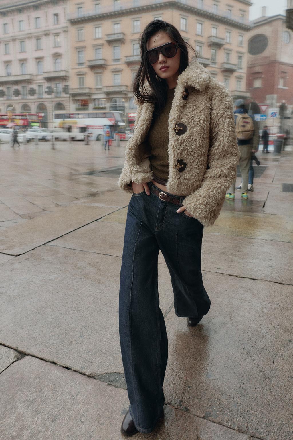 Zara FAUX FUR JACKET WITH FIREMAN CLASP