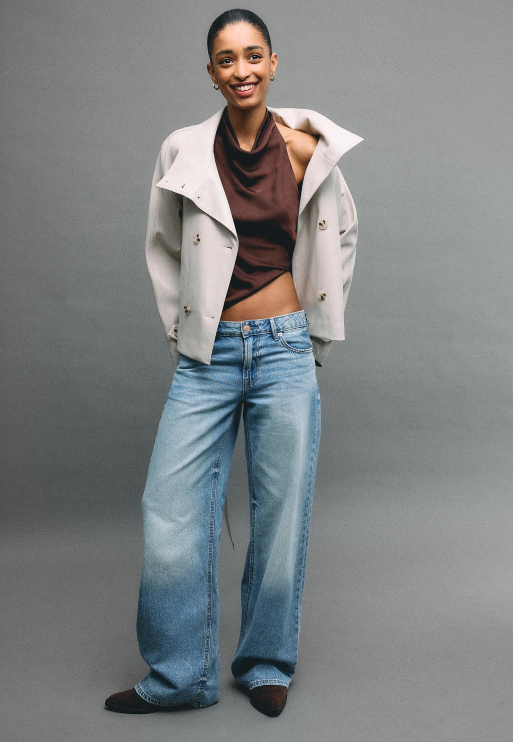 Stradivarius HIGH-NECK TRENCH COAT WITH LEATHER-EFFECT FINISH